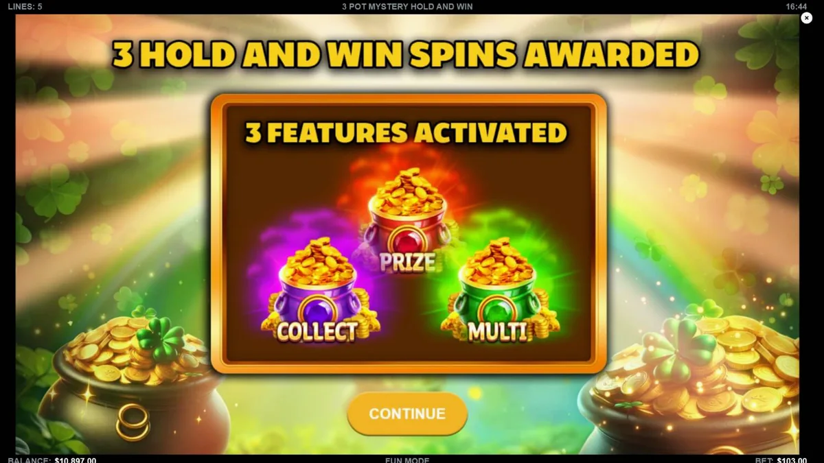 Tampilan visual slot 3 Pot Mystery Hold and Win dengan tema tambang emas