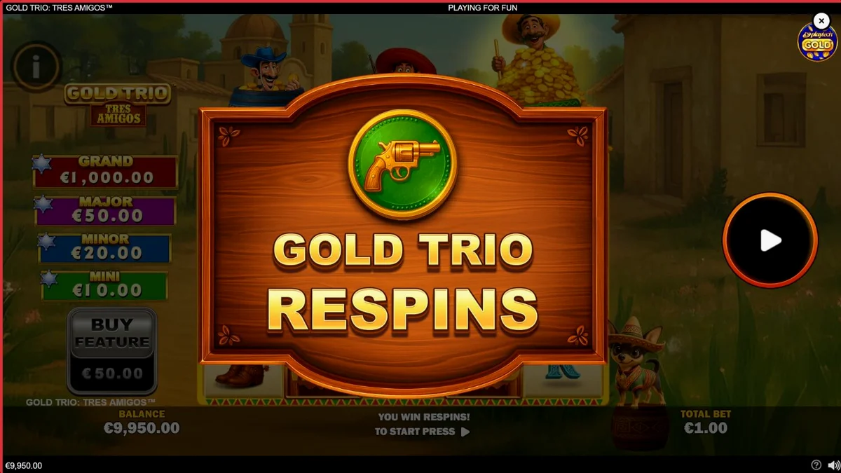 Tampilan antarmuka seluler permainan slot Gold Trio: Tres Amigos dengan tema Meksiko yang cerah