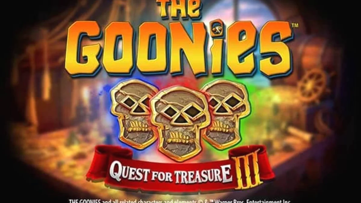 The Goonies Quest for Treasure 3 slot game interface featuring iconic movie characters