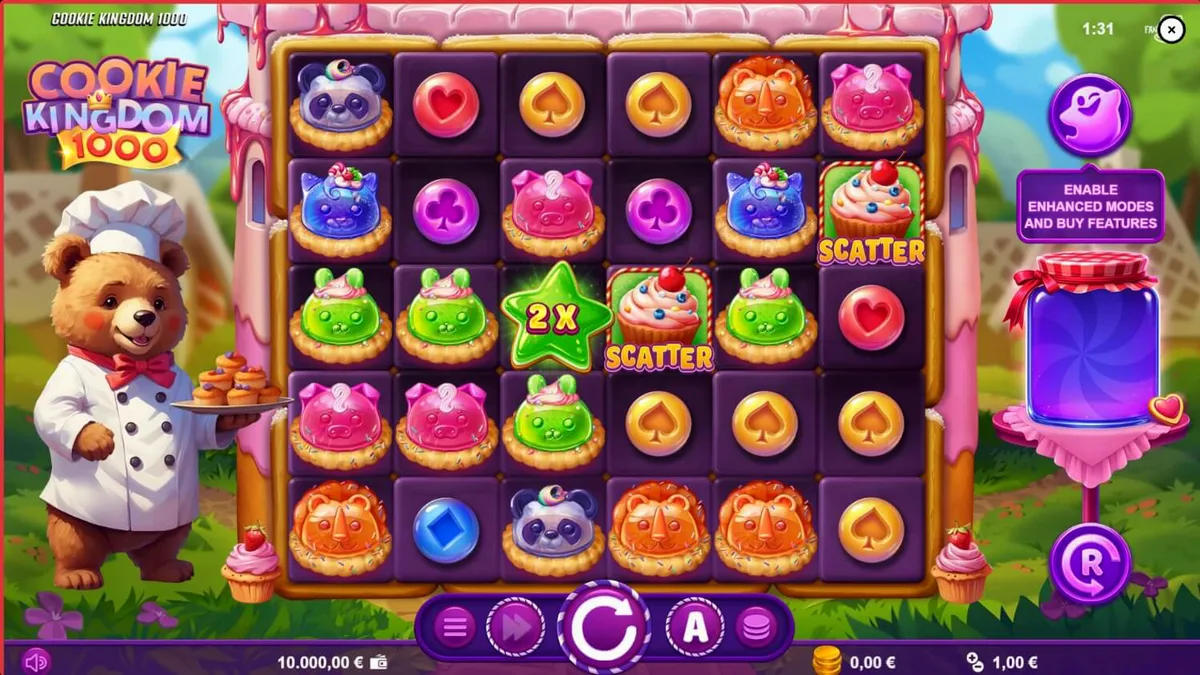 Tampilan visual penuh warna dari slot Cookie Kingdom 1000 dengan karakter beruang pembuat kue.