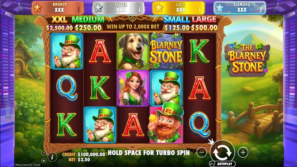 Tampilan visual slot The Blarney Stone dengan tema leprechaun dan pedesaan Irlandia.